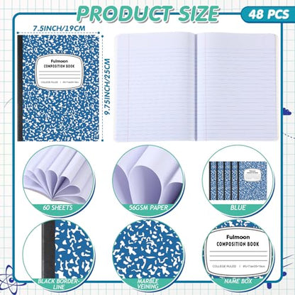 Fulmoon 48 Pcs Composition Notebook College Ruled Hard Cover Notebook 60 Sheets/120 Pages for School College Journal Writing Programs Art Recipes 9.75 x 7.5 Inch, Blue