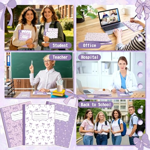 6 Pack Purple Bow Composition Notebooks, Cute Preppy Coquette Notebook, 9-3/4 x 7-1/2" Aesthetic College Ruled Journal, Back to School Gifts Preppy School Supplies, 110 Pages - color: Purple