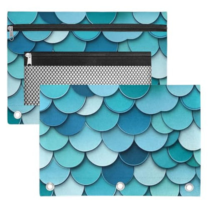 Mermaid Scales Pencil Pouch for 3 Ring Binder Blue Scale Pencil Case Bag with Clear Window Zipper Pockets for Kids Girls Boys Students School College Supplies 2 Pack - color: Blue
