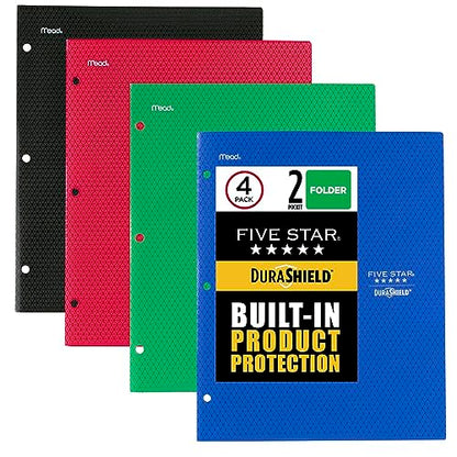 Five Star DuraShield Antimicrobial 2 Pocket Stay-Put Plastic Folders, 4 Pack, Holds 11" x 8-1/2", Color May Vary (330010) - size: 2-Pocket Folders, style: Folder
