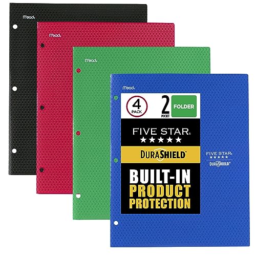 Five Star DuraShield Antimicrobial 2 Pocket Stay-Put Plastic Folders, 4 Pack, Holds 11" x 8-1/2", Color May Vary (330010) - size: 2-Pocket Folders, style: Folder