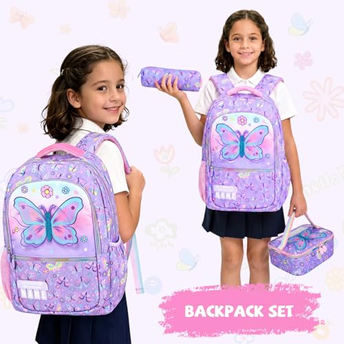 Kids Backpack for Girls with Lunch Box, Cute Butterfly Kids Elementary SchoolBag Middle-School Bookbag Back to School Gift - color: Butterfly