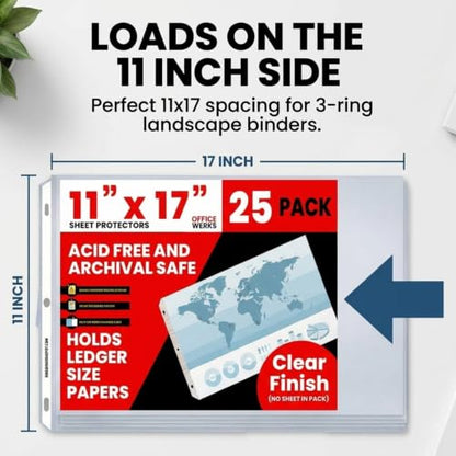 11x17 Sheet Protectors, 25 Pack, Heavyweight, Clear Page Protectors | Side Loading, Landscape, Ledger Size, 3 Hole Punched for 3 Ring Binder, Acid-Free Archival Safe Polypropylene Sleeves