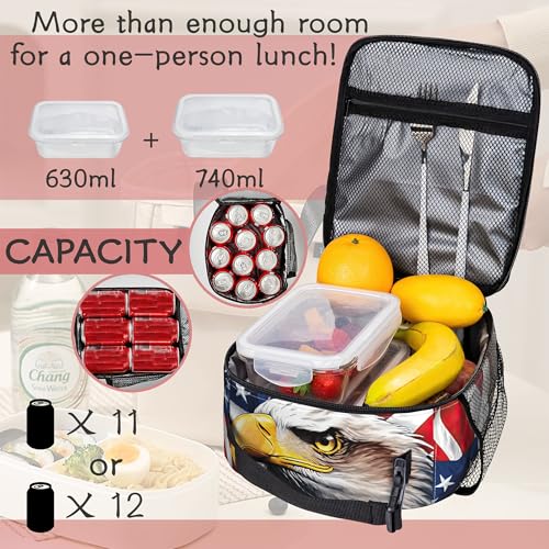 Insulated American Flag Eagle Lunch Bag, Reusable Cooler Tote with Handle | Portable lunch bag with insulated lining, side mesh pocket and spacious design for school, office, picnic and outdoor use - color: American Flag Eagle