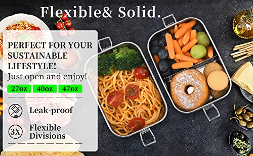 UPTRUST Leak Proof Stainless Steel Lunch Food Container, Large Bento Boxes Metal Lunch Box for Kids or Adults - Lockable Clips (1400ML/47oz) - size: 1400 ML - 2-Compartment