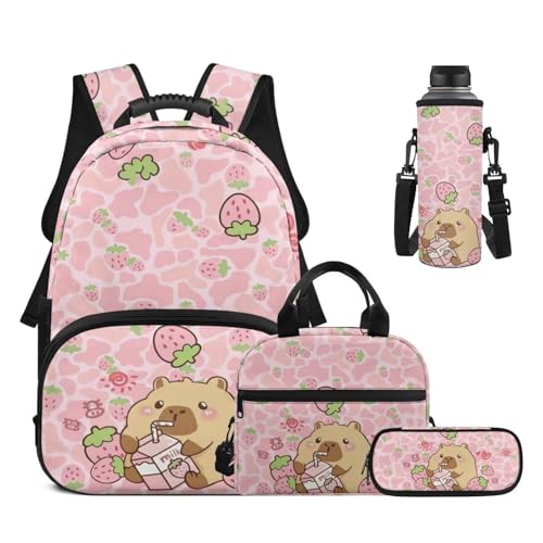 17 Inch Kid's 4PCS Backpack Set, Back to School Essentials | Insulated lunch box, water bottle pouch, pencil case, lightweight, padded shoulder straps, for elementary, middle school - color: Strawberry Capybara