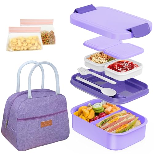 JBGOYON 4-in-1 Bento Box and Insulated Lunch Bag Set, Purple | 6-hour insulation, 7.5 L lunch bag, leakproof 1.9 L container with 2 sauce cups, fork and spoon, 2 snack bags, BPA-fre - color: Purple