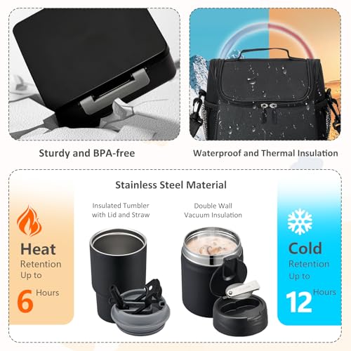 Pawtong Lunch Box Set with Bento Box Container, 17OZ Stainless Steel Food Soup Thermo, Kids Water Bottle & Portable Insulated Lunch Bag – Leakproof, Hot/Cold Retention for School, Travel (Black) - color: Black