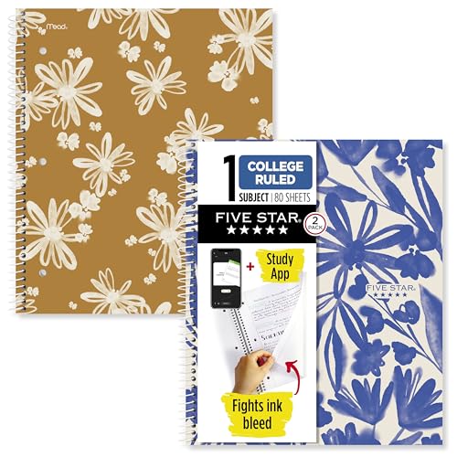 Five Star Spiral Notebook + Study App, 2 Pack, 1 Subject, College Ruled, 8-1/2" x 11", 80 Sheets, Fights Ink Bleed, Water Resistant Cover, Soft Petals (820331F-ECM)