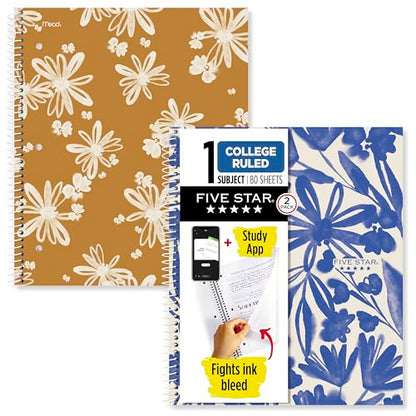 Five Star Spiral Notebook + Study App, 2 Pack, 1 Subject, College Ruled, 8-1/2" x 11", 80 Sheets, Fights Ink Bleed, Water Resistant Cover, Soft Petals (820331F-ECM)