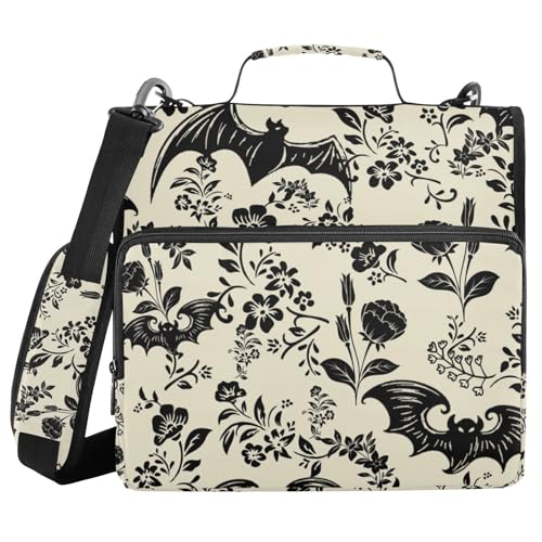 Goth Bat Flowers Binder Bag 3 Ring Zipper with Handle Shoulder Strap | for School Work Office Organizer Storage Case - color: Bat Flowers