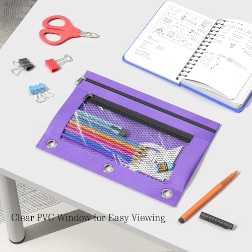 DoDoMagxanadu Binder Pencil Pouches, Pencil Pouch for 3 Ring Binder, Double Pocket Clear Window Pencil Case for Binder, Zippered Pencil Pouches with Rivet Enforced 3 Ring, 12 Pack