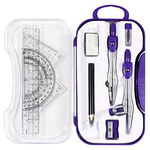 Unjoo Geometry Set 10 Pcs Student Supplies, Protractor and Compass,Purple | Shatterproof Storage Box,Rulers,Protractor,Compass,Eraser,Pencil Sharpener,Lead Refills,Pencil,for Classroom, Back to School - color: Purple