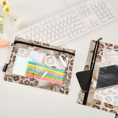 Gredecor 3 Ring Binder Pencil Pouch, Leopard Cheetah Bow Zippered Pen Case Pouches with Clear Window, 2 Pack Stylish Office & School Supplie - color: Leopard Cheetah Bow