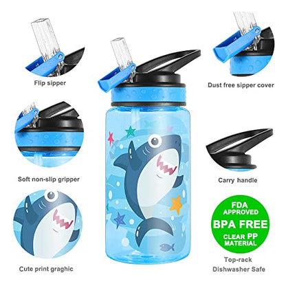 15oz Water Bottle for Kids Girls Boys School, BPA Free, Leak Proof Flip Straw, Carry Loop, Easy Clean - Shark - color: Shark