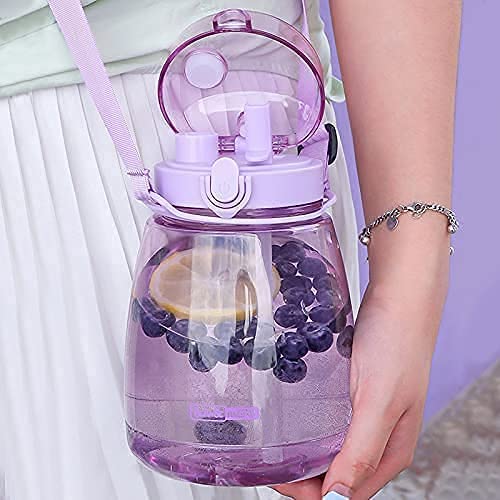 Kawaii Water Bottle with Straw 45oz with Two Ways to Dinking Modern Cute Water Jug With Strap for Women/Teen Girl/School, Purple - color: Purple