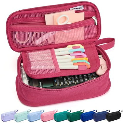 SPACEMATE Pencil Case Pouch Box Bag School Supplies Girls Boys Kids, Cute Preppy Stuff Large Big Capacity Aesthetic Pen Organizer, Back to College Stationary, Dark Pink, Heavy Duty Canvas, 1800ml - color: Dark Pink