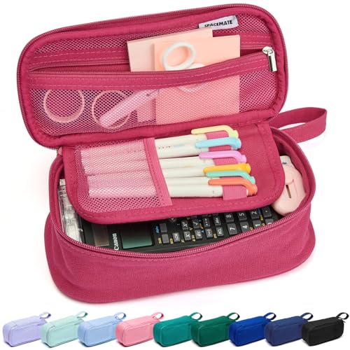 SPACEMATE Pencil Case Pouch Box Bag School Supplies Girls Boys Kids, Cute Preppy Stuff Large Big Capacity Aesthetic Pen Organizer, Back to College Stationary, Dark Pink, Heavy Duty Canvas, 1800ml - color: Dark Pink