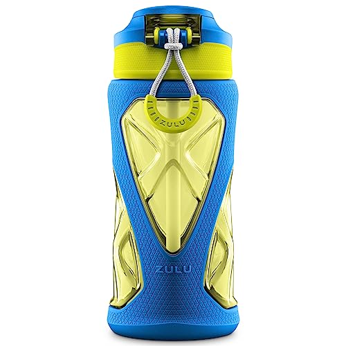 ZULU Torque 16oz Plastic Kids Water Bottle with Silicone Sleeve and Leak-Proof Locking Flip Lid, Soft Touch Carry Loop for School Backpack, Lunchbox, BPA-Free Dishwasher Safe - color: Blue, style: Single