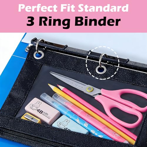 30Pack 3 Ring Binder Pencil Pouch with Zipper Black, Clear Window Pen Holder Case for Office, and Home Organization, Waterproof Oxford Fabric, Fits Standard 3 Ring Binders