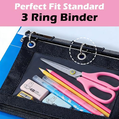 30Pack 3 Ring Binder Pencil Pouch with Zipper Black, Clear Window Pen Holder Case for Office, and Home Organization, Waterproof Oxford Fabric, Fits Standard 3 Ring Binders