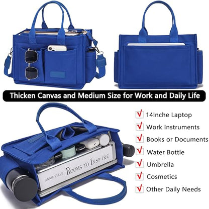 ZHMO Canvas Tote Bag for Women,Women's Bags Crossbody Bags Work Laptop Tote Bag Large Handbags Purse for Travel Nurse Teacher - color: New Upgrade Navy Blue With Compartments and Side Cup Holders