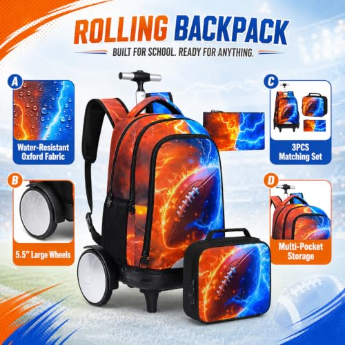 AGSDON Quiet Rolling Backpack with Lunch Box Set – Large‑Wheel Water‑Resistant Wheeled Bag for School, Outings, and Travel | Fire-Lightning Rugby 3‑Piece Organizer Backpack - color: Big Wheel Rolling Backpack Fire-lightning Rugby