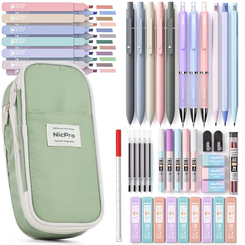 Nicpro 50PCS Aesthetic School Supplies with Cute Pencil Case, 5 Quick Dry Black Ink Pens, 12 Pastel Highlighters, 6 Mechanical Pencil 0.5, 0.7, 0.9 & 2.0 mm for Students Stationary College Essentials - color: Green, size: 2 Count (Pack of 25)