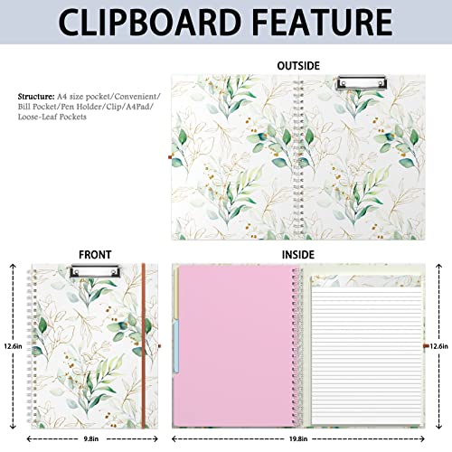 Rimilak Spiral Clipboard Folio with Refillable Lined Notepad, 14.5 x 9.8 In, Hardcover Cover with 5 Interior Pockets, Elastic Band and Pen Loop Series. Cute Stylish Clipfolio, Bohe Leaves - color: Bohe Gold Leaves