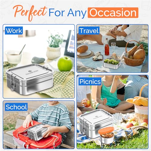 Stackable Stainless Steel Bento Box with Snack Container, 47oz/1400ml - Stainless Steel Lunch Box, Metal Bento Box for Kids & Adults, Eco-Friendly with Compartments for School, Work & Travel