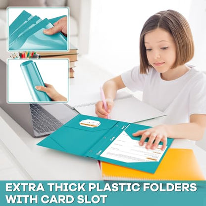 Henoyso 48 Pcs Plastic Folder with Clear Front Pocket and 3 Prongs Heavy Duty Plastic Folders with Card Slot Pocket Folders with Prongs for School Office Home(Teal Green) - color: Teal Green