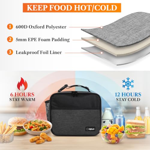 opux Insulated Lunch Bag for Kids, Reusable Lunch Box for School with Leakproof Lining, Compact Soft Cooler Tote for Boys & Girls, Front Pocket, Mesh Side Bottle Holder (Heather Charcoal) - color: Heather Charcoal