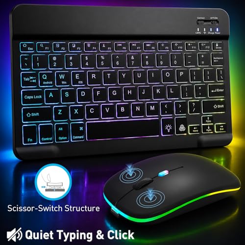 Backlit Bluetooth Keyboard and Mouse for iPad, Rechargeable Slim Portable Wireless Keyboard and Mouse for iPad Tablets, Compatible for All iOS/Windows/Android System Devices-Black