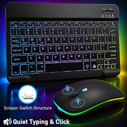 Backlit Bluetooth Keyboard and Mouse for iPad, Rechargeable Slim Portable Wireless Keyboard and Mouse for iPad Tablets, Compatible for All iOS/Windows/Android System Devices-Black