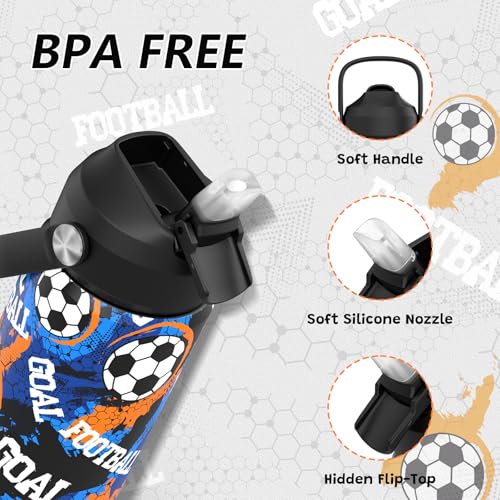 Boys Soccer Water Bottle for School，Kids 18 oz Insulated Stainless Steel Cup with Straw, Double-Wall Vacuum Leakproof - color: C9.Soccer