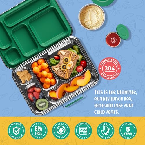 AOHEA Stainless Steel Bento Box Kids, Kids Metal Bento Lunch Box BPA Free Lunch Box Containers 304 Stainless Steel Bento Box for School and Office(Green) - color: Green-05