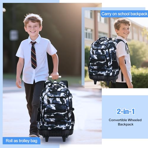 ACESAK Camo Rolling Backpack Boys, Tactical Kids Backpack Boys, Kids Suitcase for Boy Teens Elementary Middle High School, Military Backpack with Wheels and Lunch Bag Pencil Case Set (Camo Lightning) - color: Camo Lightning