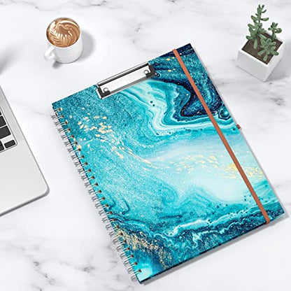Rimilak Spiral Clipboard Folio with Refillable Lined Notepad, 14.5 x 9.8 In, Hardcover Cover with 5 Interior Pockets, Elastic Band and Pen Loop Series. Cute Stylish Clipfolio, Teal Marble - color: Teal Marble
