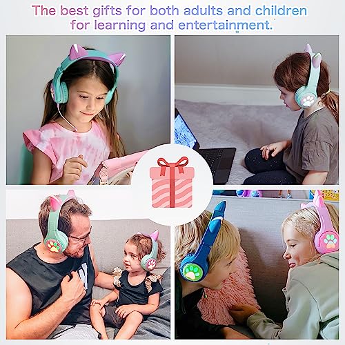 Riwbox CF9 Cat Ear Kids Bluetooth Headphones with LED Light Up,Safe 85dB Volume Limit,Built-in Mic&Boom Mic for Calls,Kids Wireless&Wired Headphones for Tablet/Airplane/School/Online Learning (Purple) - color: Purple