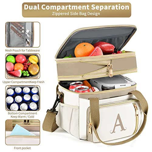 LOKASS Personalized Initial Lunch Bag for Women, Double Deck Insulated Cooler Lunch Bag with Strap, 16L Large Leakproof Adult Lunch Box for Work, Picnic, Travel, Teachers, Nurses, Friends - O - color: O