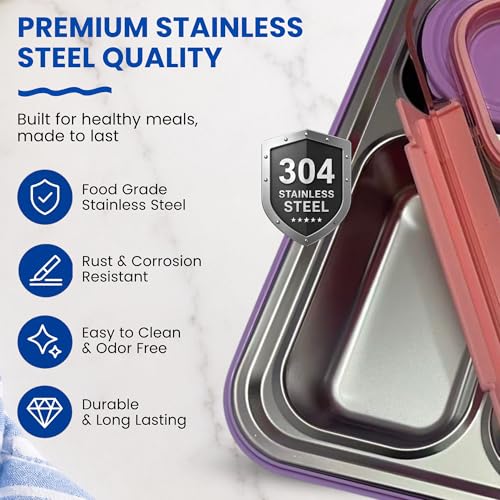 Large 10 x 7.5" Stainless Steel Bento Lunch Box with 4 Compartments Leakproof Lid BPA-Free 304 Stainless Steel Food Container That Keeps Food Separate for Adults and Kids School Office and Travel,Pink - color: Pink
