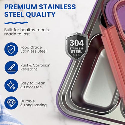 Large 10 x 7.5" Stainless Steel Bento Lunch Box with 4 Compartments Leakproof Lid BPA-Free 304 Stainless Steel Food Container That Keeps Food Separate for Adults and Kids School Office and Travel,Pink - color: Pink