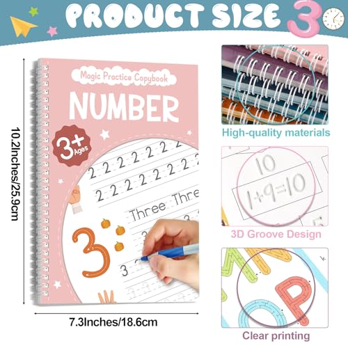 party greeting 6 Pieces Magic Grooved Writing Practice Copybook with Disappearing Ink Pens Reusable Grooved Handwriting Workbook Letter Tracing Books for Kids Kindergarten Preschool Supplies