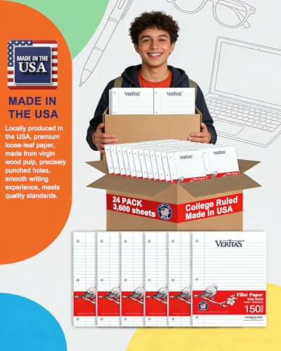 Loose Leaf Paper Wide Ruled, 8" x 10.5" Binder Filler Paper, 3 Hole Punched Notebook Paper, 3600 Sheets Total 24 Pack 150 Sheets/Pack, Bulk School & Office Supplies, Made in USA - color: Wide Ruled Filler Paper, size: 24 Pack (3600 Sheets)