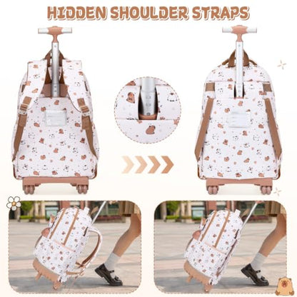 Capybara Theme Rolling Backpack with Lunch Bag & Pencil Case, Kids Rolling Backpack for Girls, Wheeled School Bookbag with Telescoping Handle for Kindergarten Elementary Middle High School - color: Beige