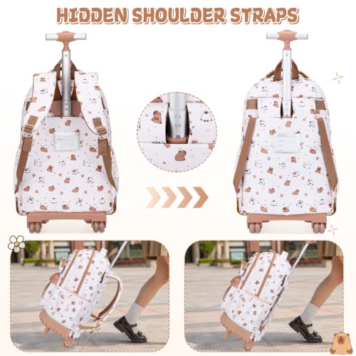 Capybara Theme Rolling Backpack with Lunch Bag & Pencil Case, Kids Rolling Backpack for Girls, Wheeled School Bookbag with Telescoping Handle for Kindergarten Elementary Middle High School - color: Beige