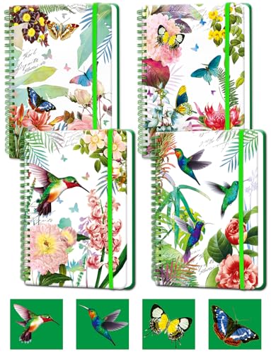 4Pack A5 Spiral Notebook, 5.7x8.5 Inch 160 Line Page Hardback Small Notepad | Multipack Floral Spiral Bound Notebook Journals Wide College Ruled for Work Writing Note Taking Meeting School Gifts - color: Butterflies and Hummingbirds
