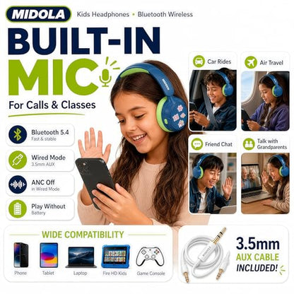 Kids Bluetooth Headphones Active Noise Cancelling,68H Play Time,Lightweight Wireless Foldable Over-Ear Headphone for Kid Toddler,Volume Limited 85/94dB,Headsets with Built-in Mic Blue - color: Deep Blue