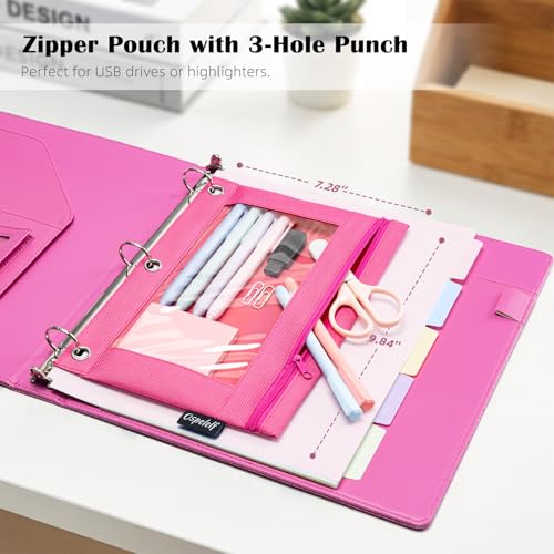 Ospelelf Glitter Leather Clipboard Binder 1 Inch, Magnetic Clipboard Folio Organizer with 5 Pocket Dividers & Zipper Pouch, Cute 3 Ring Document Organizer Binder for Office, Glitter Pink - color: Glitter Pink
