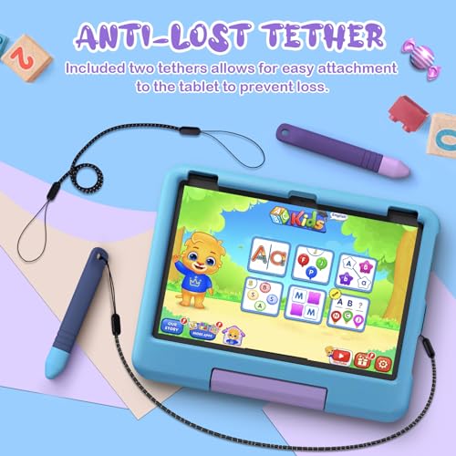Kid-Friendly Stylus Pens for Touch Screens with Tethers - Mixoo Anti-Rolling Tablet Stylus 2 Pack for Kids, Compatible with iPad, iPhone, Tablets, Kindle and All Touch Screen Devices (Blue+Purple)
